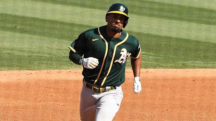 Oakland Athletics shortstop Marcus Semien (10) runs the bases after hitting a solo home run off of Houston Astros starting pitcher Jose Urquidy (not pictured) during the fifth inning in game three of ...